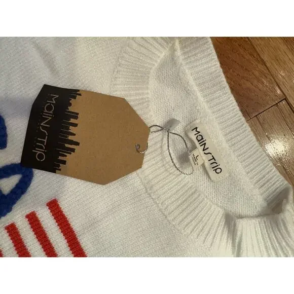 USA Red white blue flag 4th of July Sweater ruffle Pullover By Main Strip L NWT - Picture 10 of 12